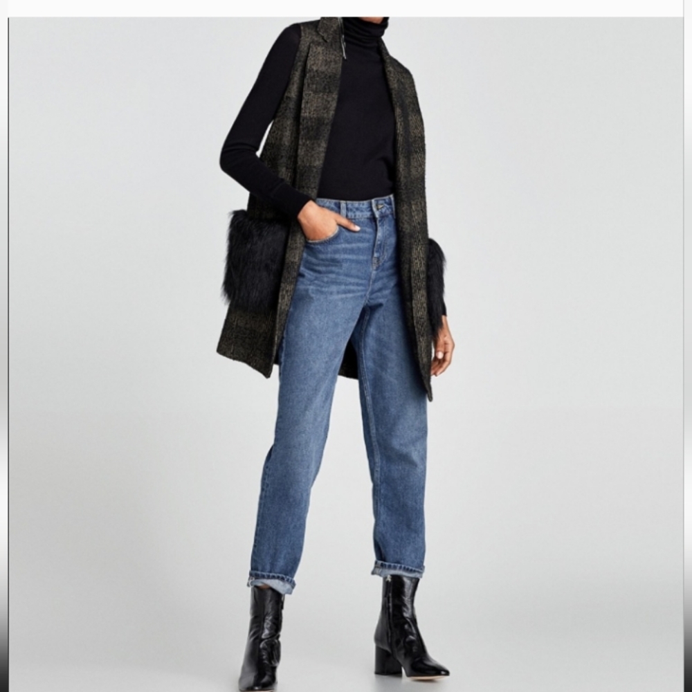 Zara Checked Vest with Faux Fur Pockets